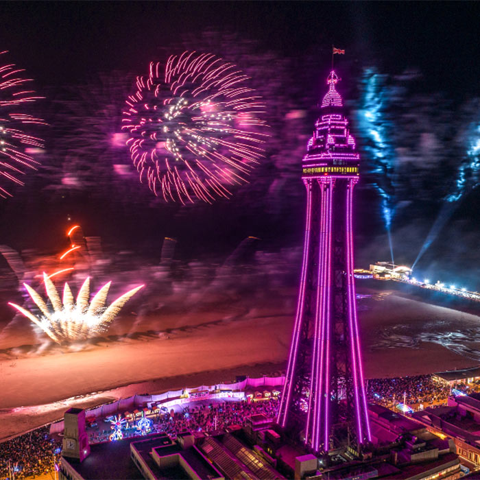 Blackpool Fireworks Championships - View of the Tower and fireworks from the Beach